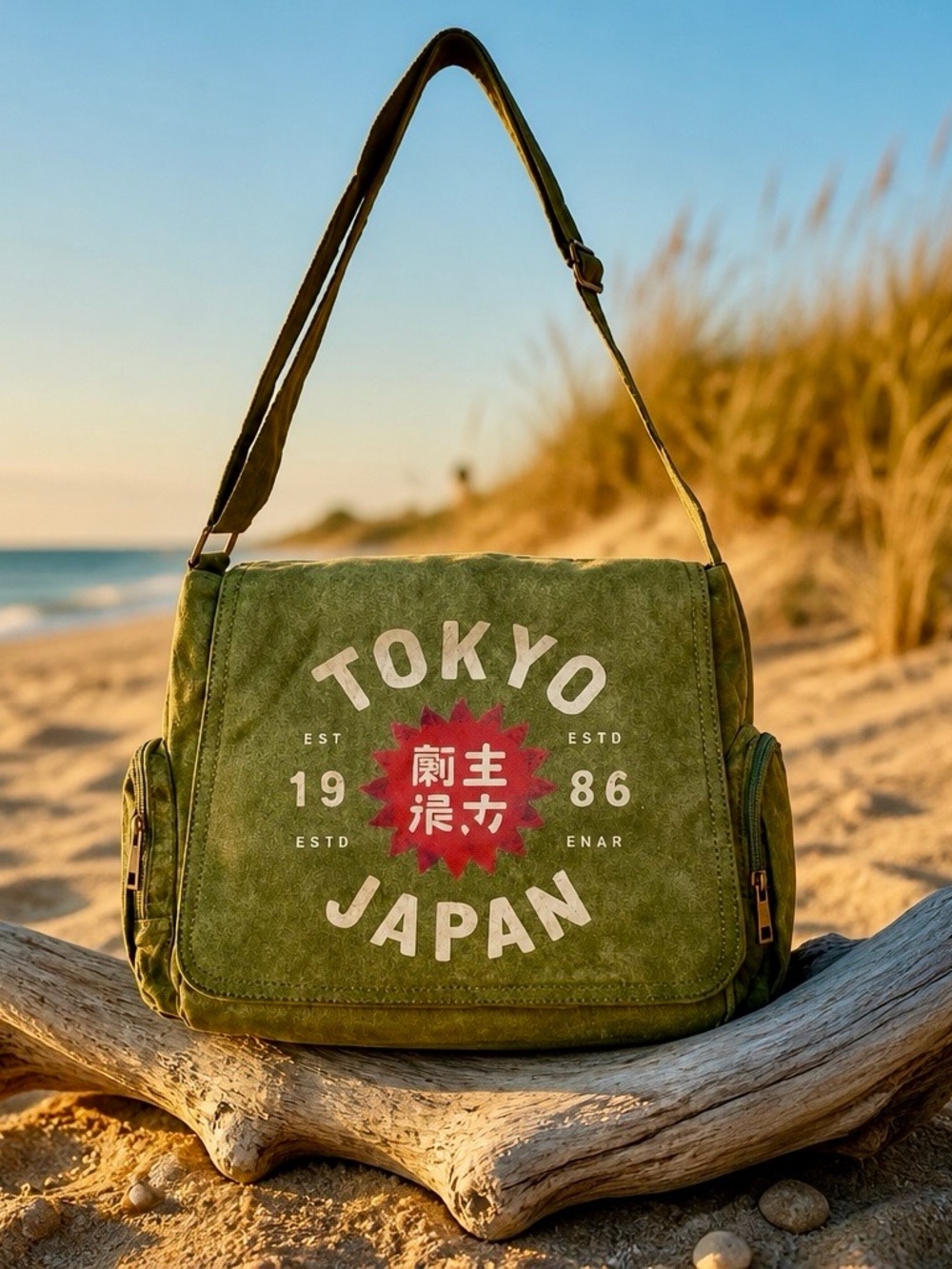 Large Capacity FAUX LEATHER Bag w/Vintage Tokyo Japan 1986 Design Adjust Straps